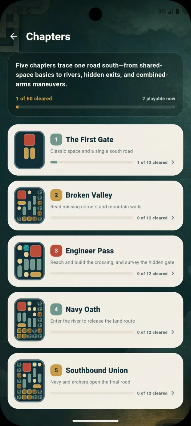 Five progressive puzzle chapters